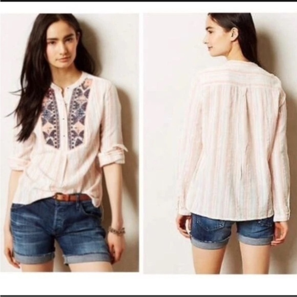 Anthropologie Holding Horses Mesa Peasant Top Embroidered Pink White Size Small